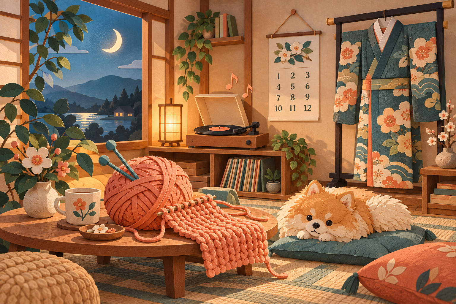 月の見える部屋で、ポメラニアンと編み物、音楽、着物、1から12のカレンダーがある切り絵